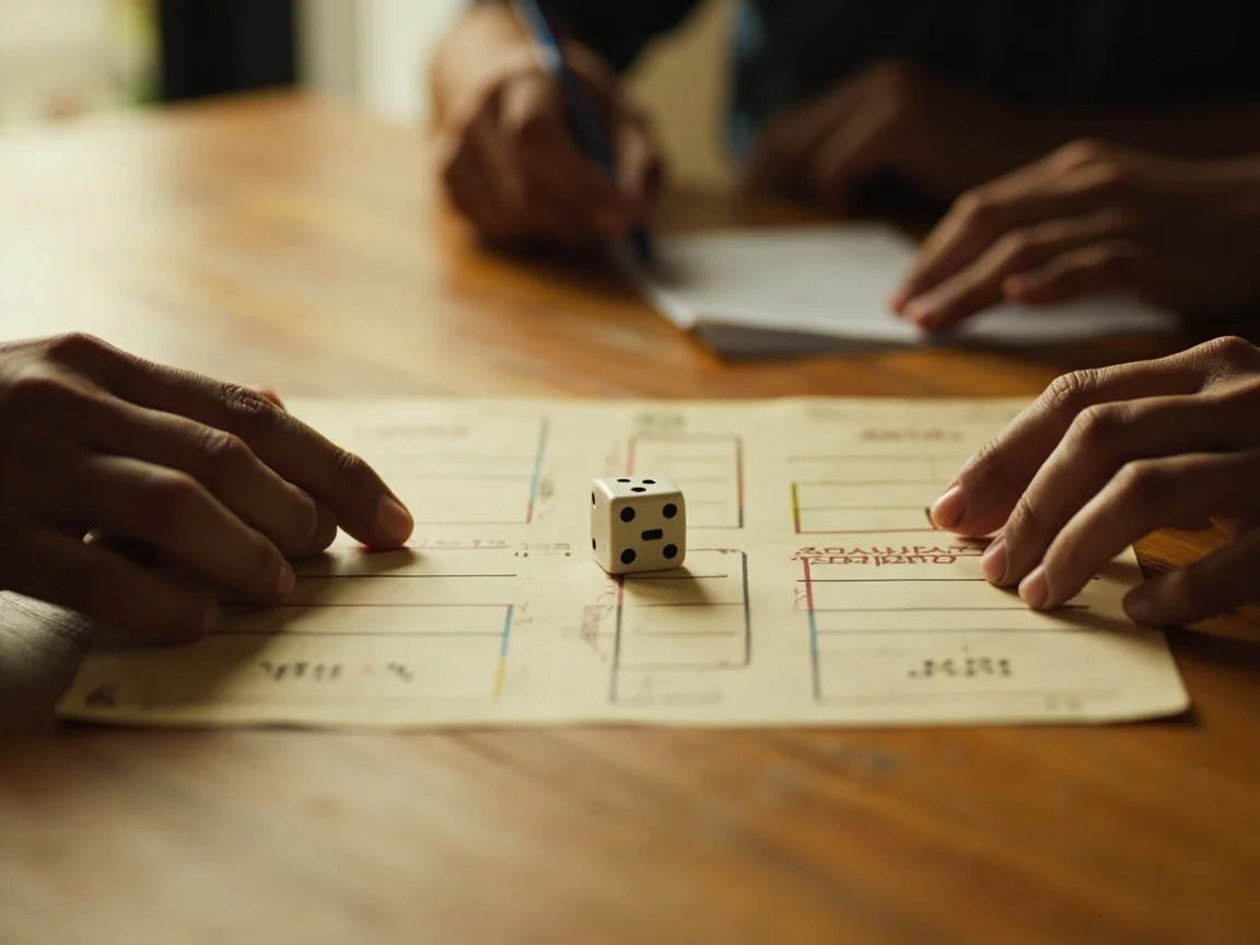 A wooden die mid-capture on a printed Ludo board, one hand releasing it