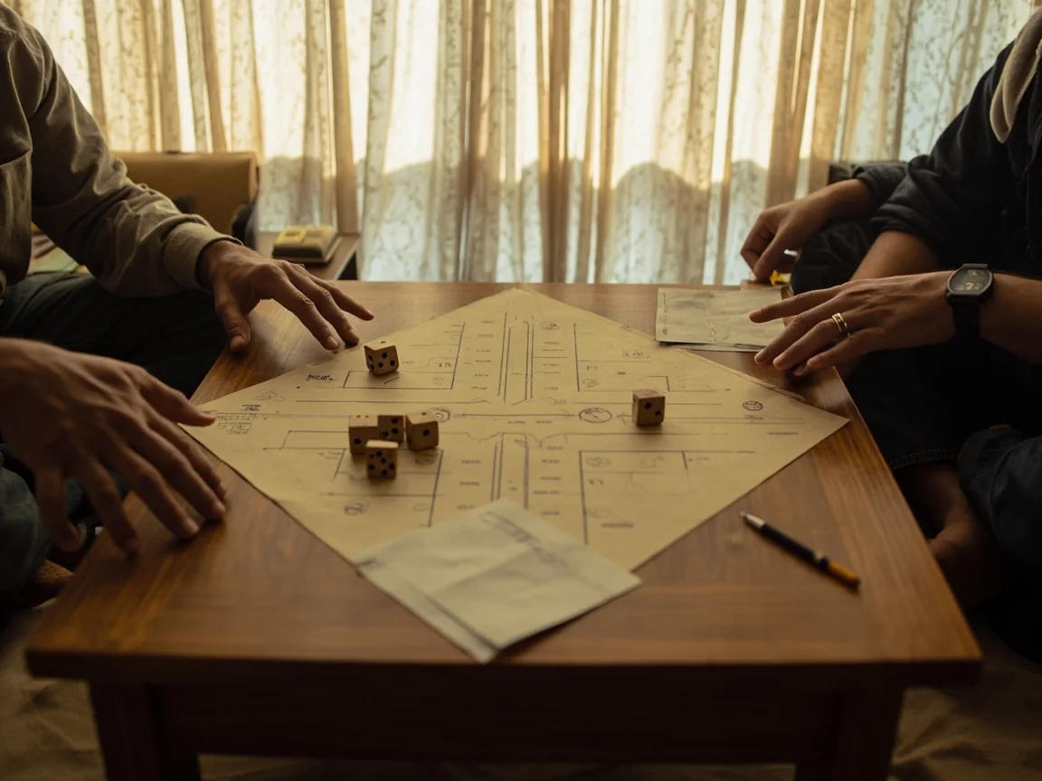 A hand moving a small wooden token across the Ludo board while a pencil marks the paper score sheet