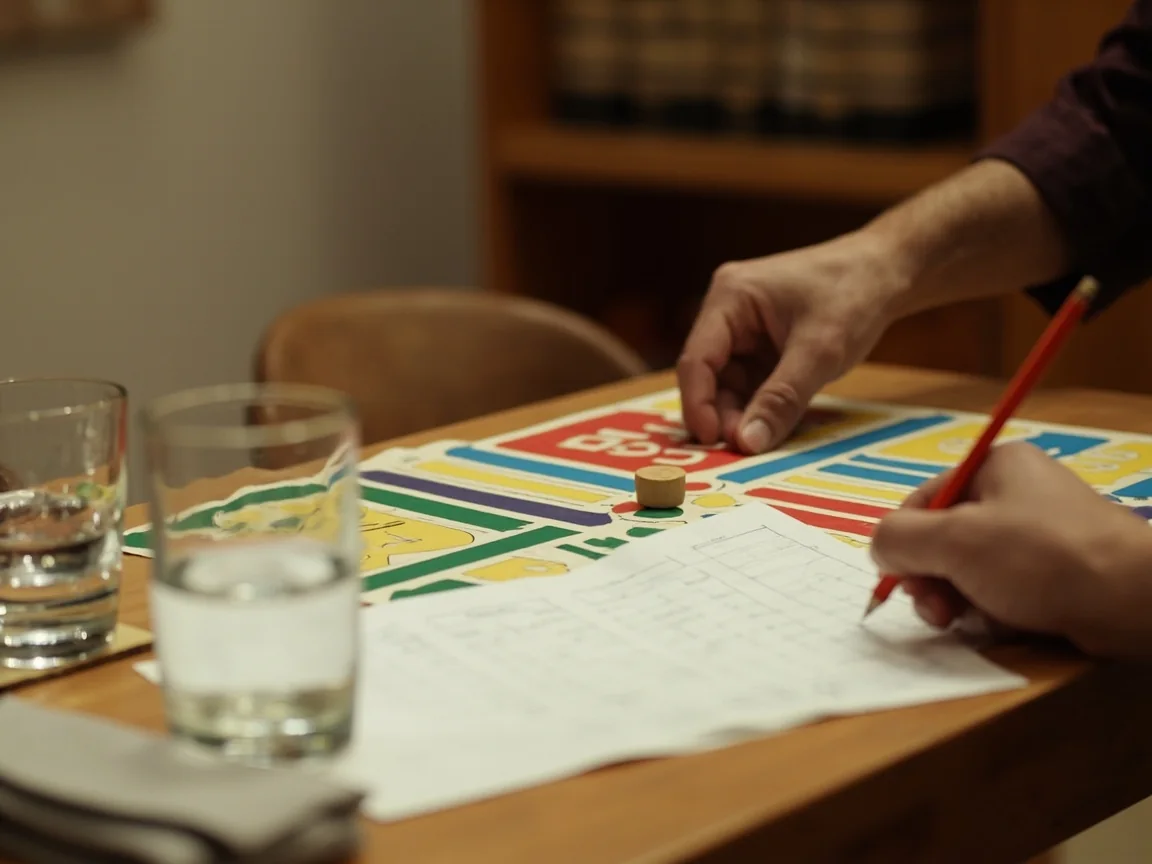 Two players at a printed Ludo board, dice and paper scorecards on the table