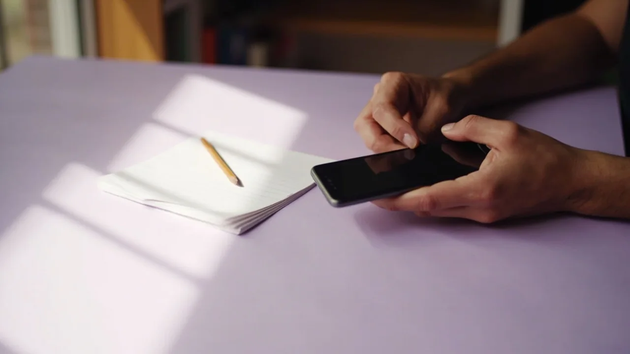 A real Indian hand holding a phone beside a paper notebook on a pale lilac surface